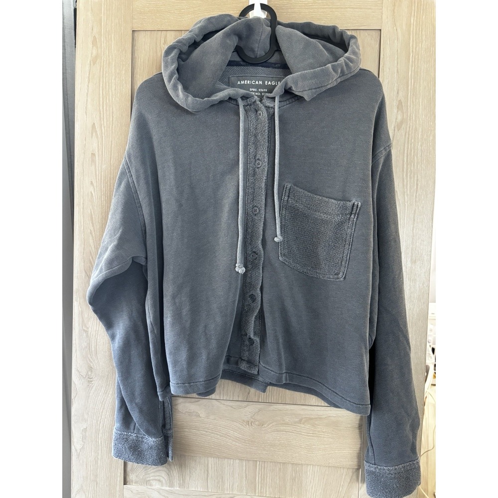 American Eagle AE Hoodie Sweatshirt Size S Oversized Raw Hem Terrycloth Grey